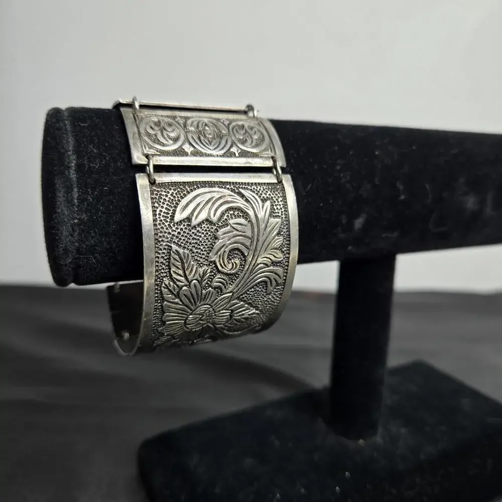 Vintage Peru 925 Sterling Silver Wide Floral Panel Bracelet Cuff 61g Artisan - Picture 2 of 9